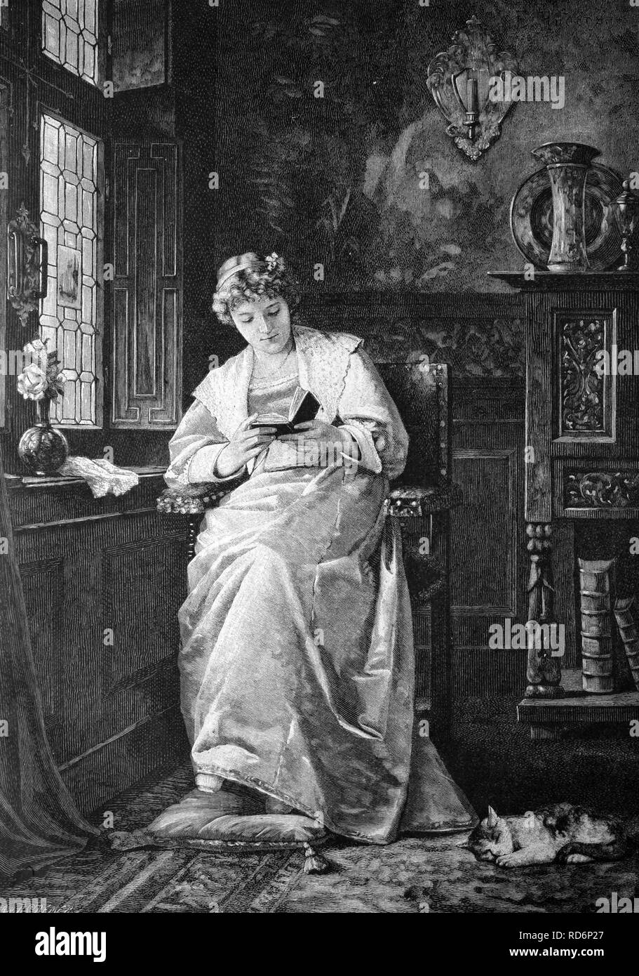 Frau liest ein Buch auf das Fenster, historische Abbildung, ca. 1886 Stockfoto