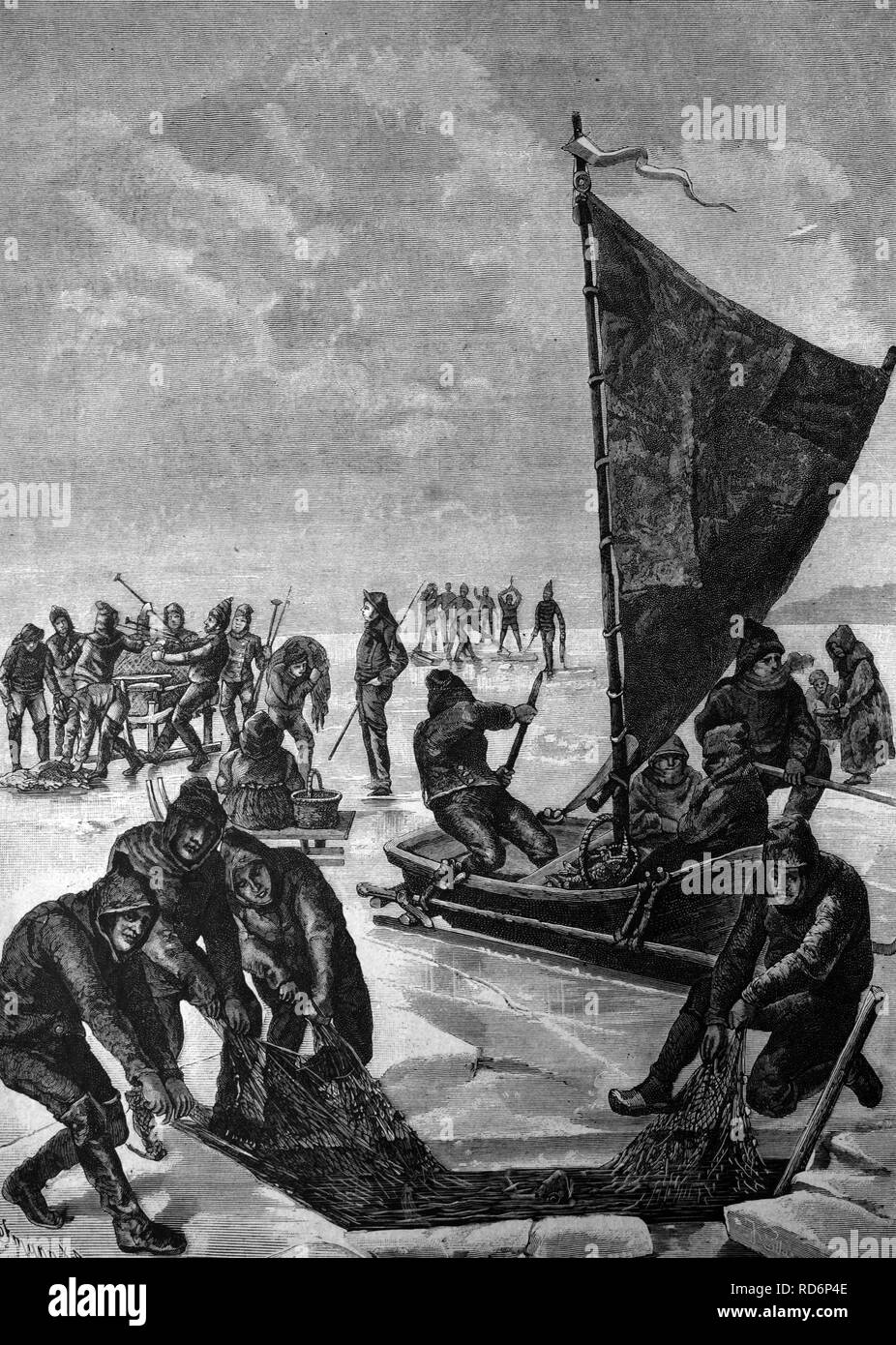 Eisfischen Sie auf einem norddeutschen Binnengewässer, historische Abbildung, ca. 1886 Stockfoto