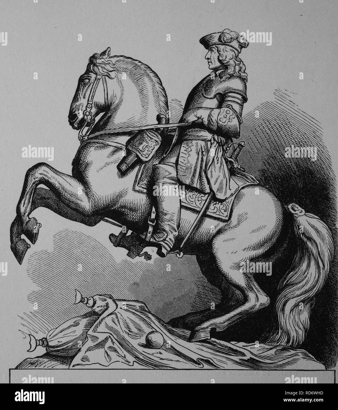 Statue von Prinz Eugen in Wien, Prinz Eugene des Wirsings, Holzschnitt aus dem Jahr 1880 Stockfoto