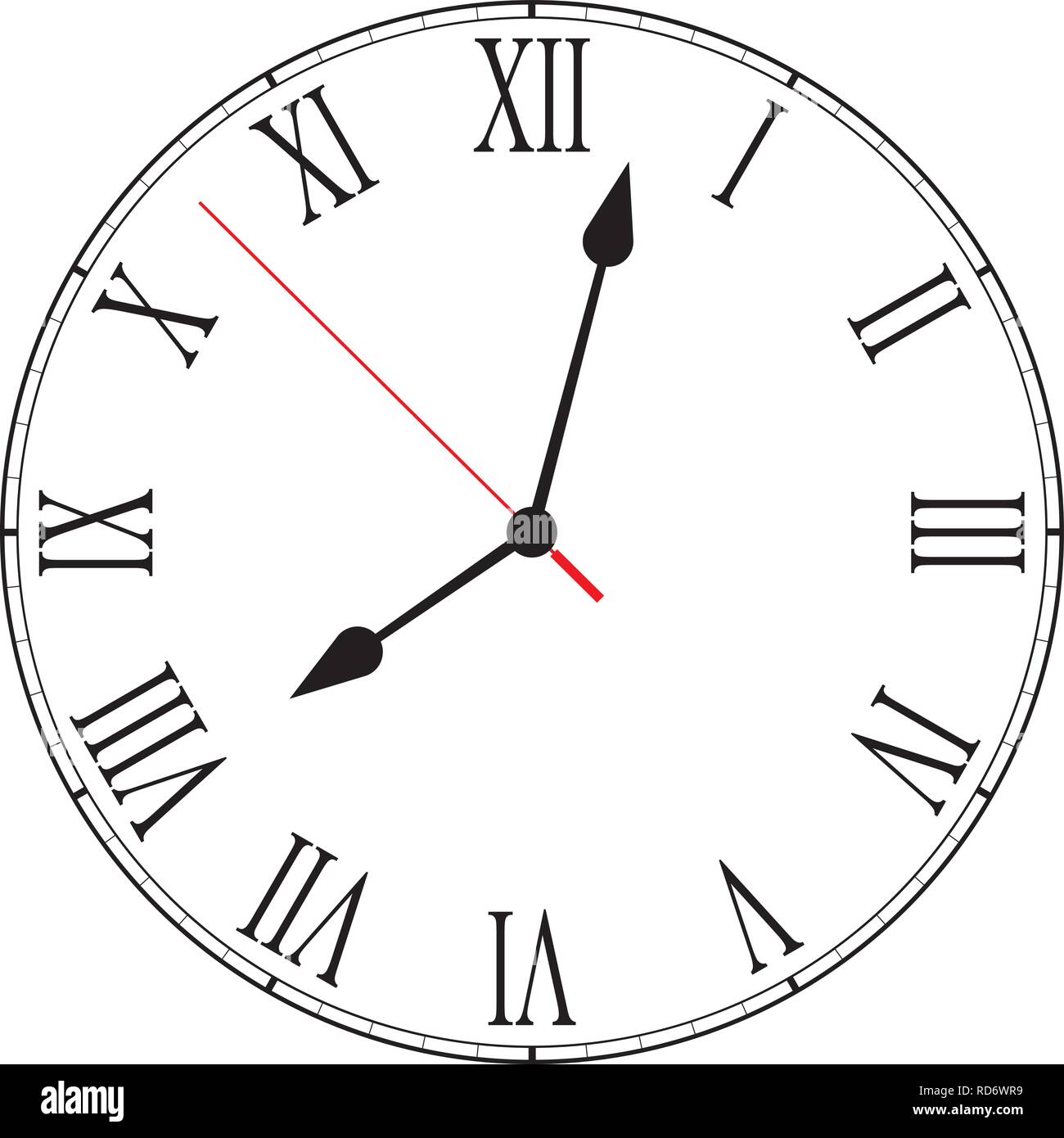 Vector Illustration von leeren Zifferblatt Zifferblatt mit römischen Ziffern, Stunde, Minute und Sekunde die Hände auf weißem Hintergrund Stock Vektor