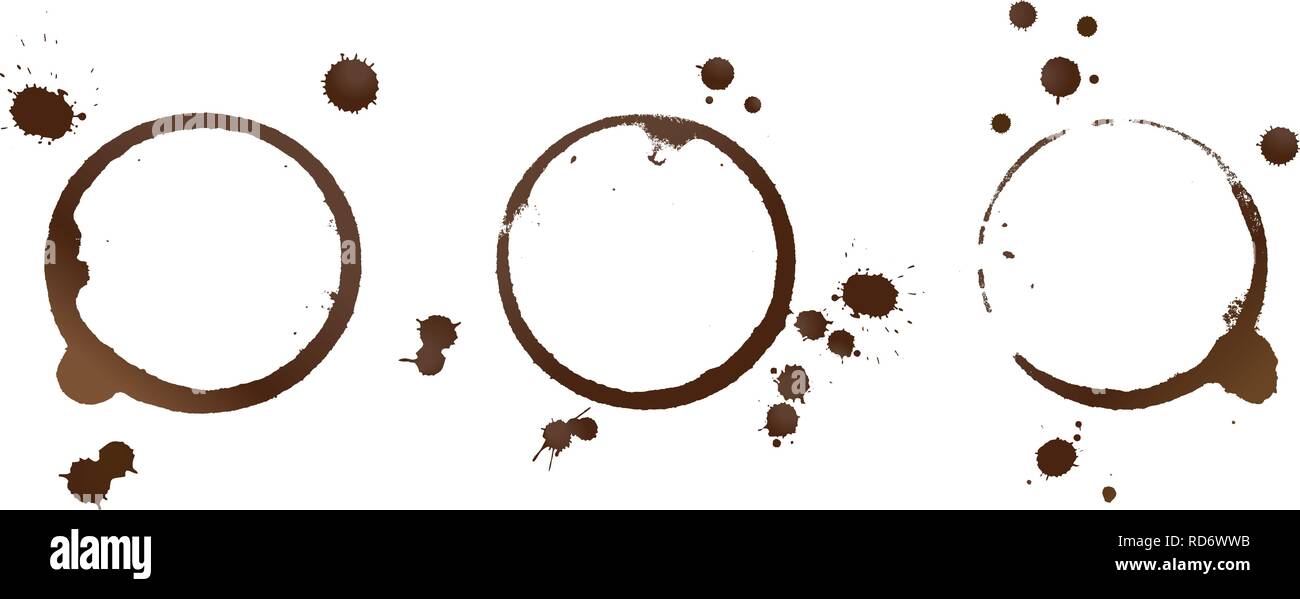 Vector Illustration von Braun Kaffee Tasse oder Becher Fleck Ringe und Tropfen auf weißem Hintergrund Stock Vektor