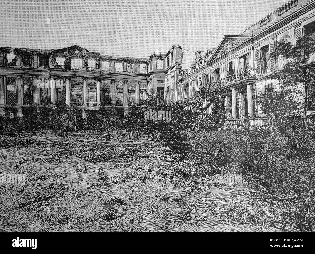 Die Ruinen der Burg von Saint-Cloud, brannte am 13.10.1870 in den deutsch-französischen Krieg, Paris, Frankreich, Holzschnitt um 1871 Stockfoto