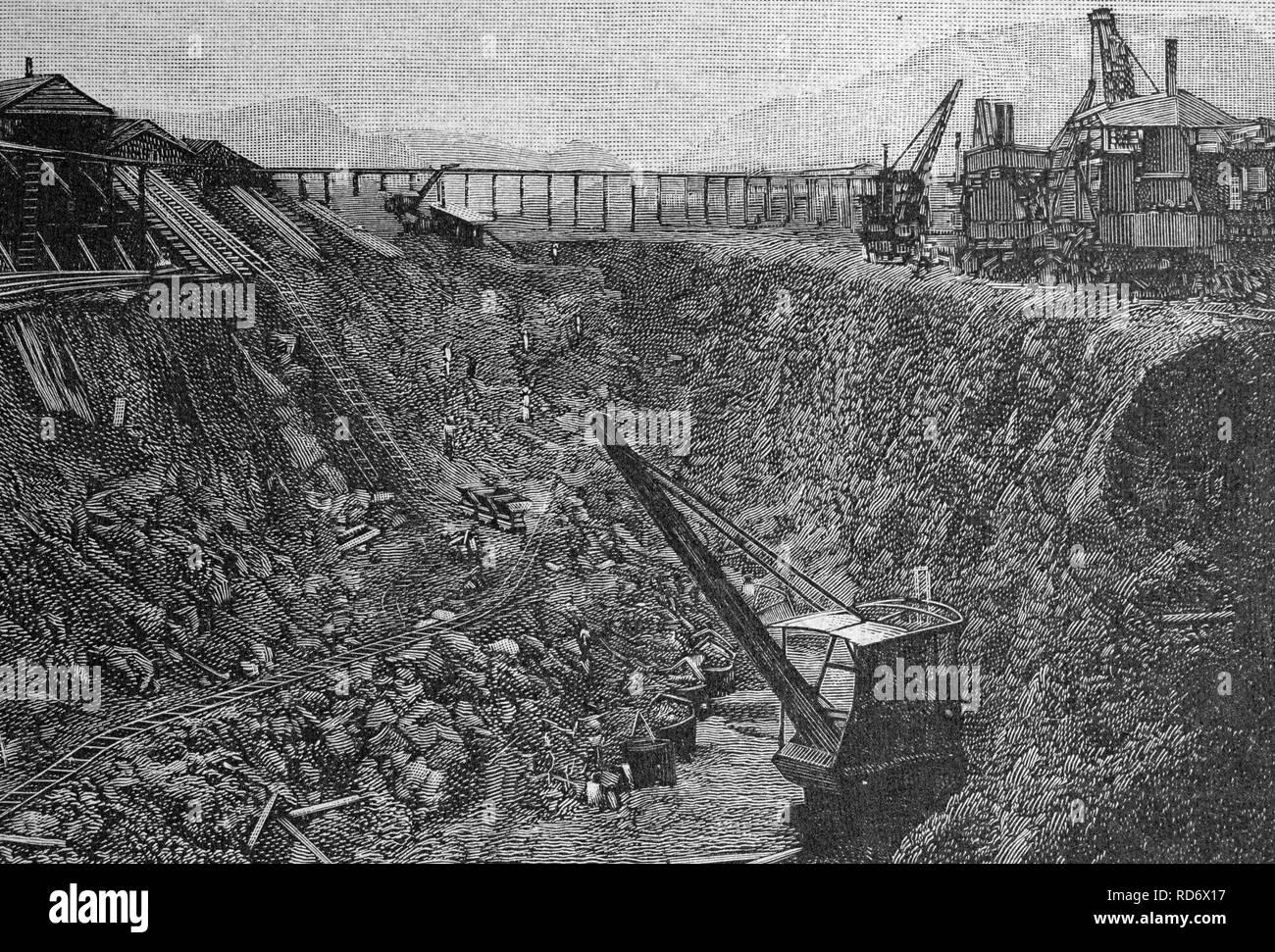 Bau des Panama-Kanals, Dampf Aufzüge am Schnitt bei Pedro Miguel, Mittelamerika, Holzschnitt um 1871 Stockfoto