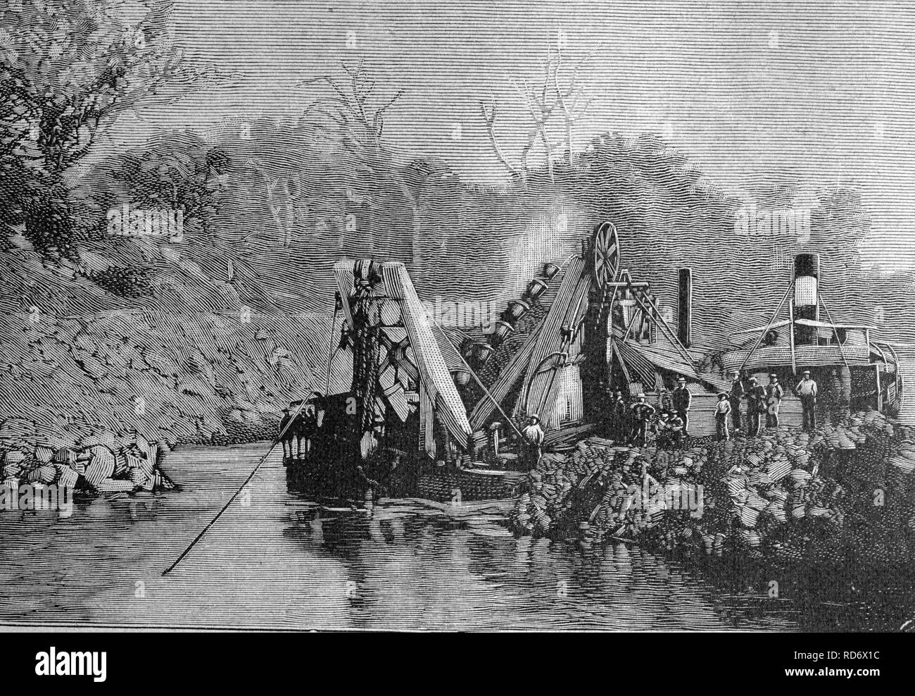 Bau des Panama-Kanals, Dampf-Bagger am Mindi, Mittelamerika, Holzschnitt um 1871 Stockfoto