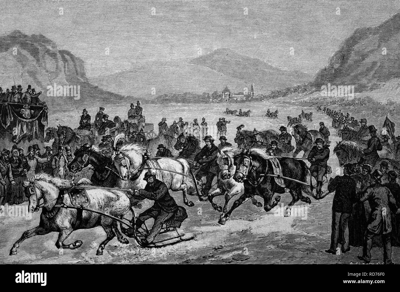 Gasslfahren, eine Pferdekutsche-Rennen im Schnee in Niederösterreich, historische Abbildung, ca. 1886 Stockfoto