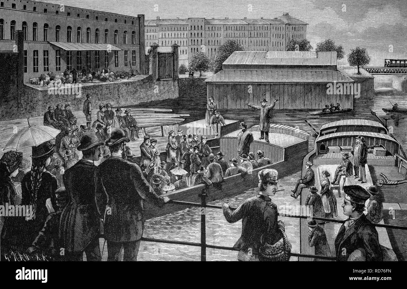 Predigt auf einem Spree Lastkähne in Berlin, Deutschland, historische Abbildung, ca. 1886 Stockfoto