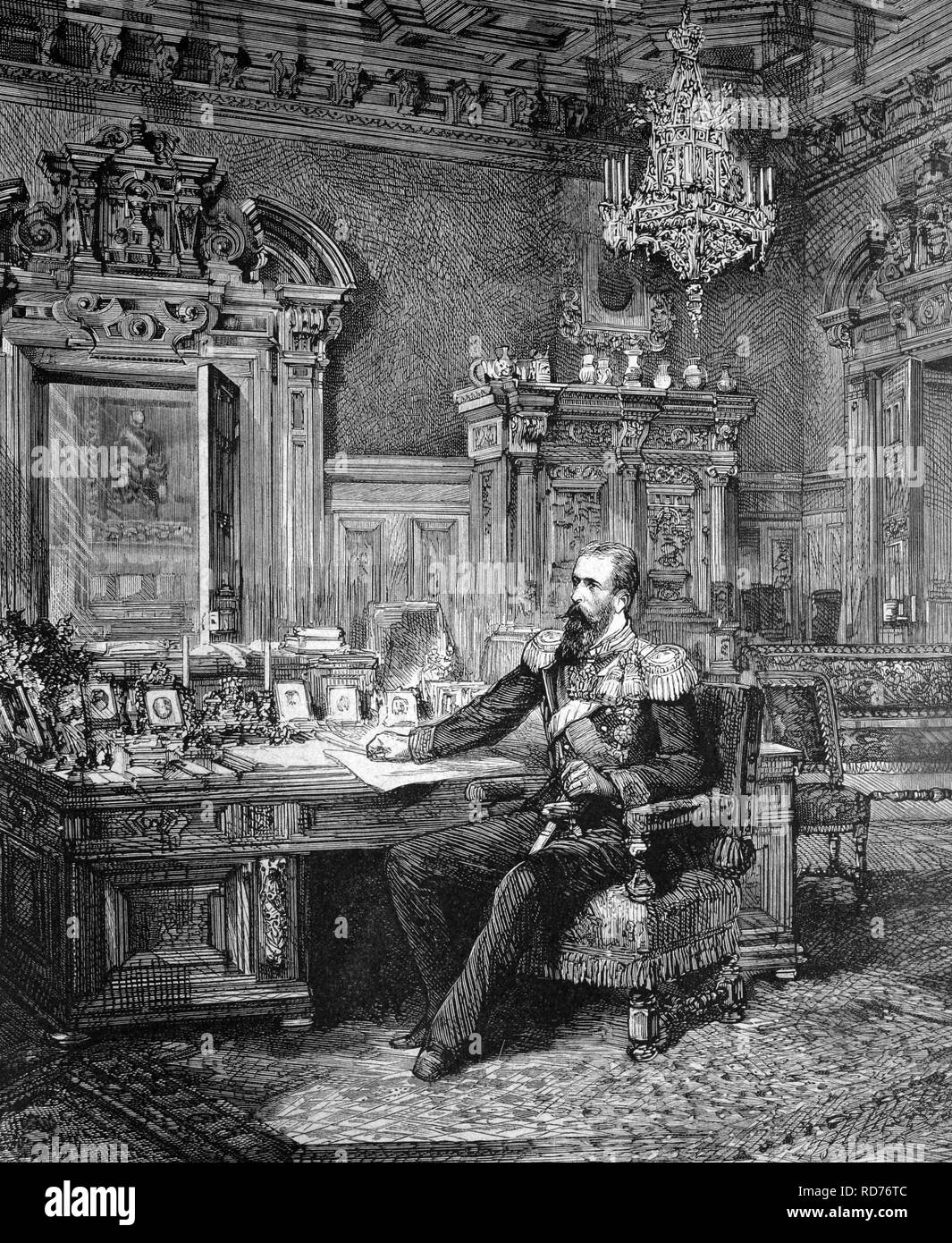 Prinz Alexander von Bulgarien (1857-1893), in seinem Arbeitszimmer, historische Abbildung, ca. 1886 Stockfoto