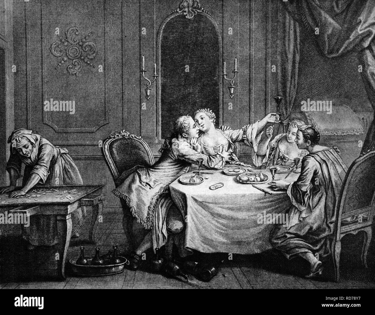 Abendessen in einem Petite Maison, französische historische Stich nach einem Gemälde von N. Lancret, 17. Jahrhundert Stockfoto