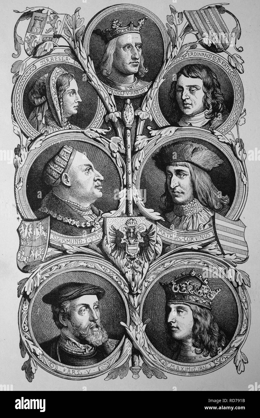 Habsburg Könige: Rudolf i., Ferdinand v., Sigismund, Mathias Corvinus, Maximilian i., Charles V, historischen Holzschnitt, 1870 Stockfoto