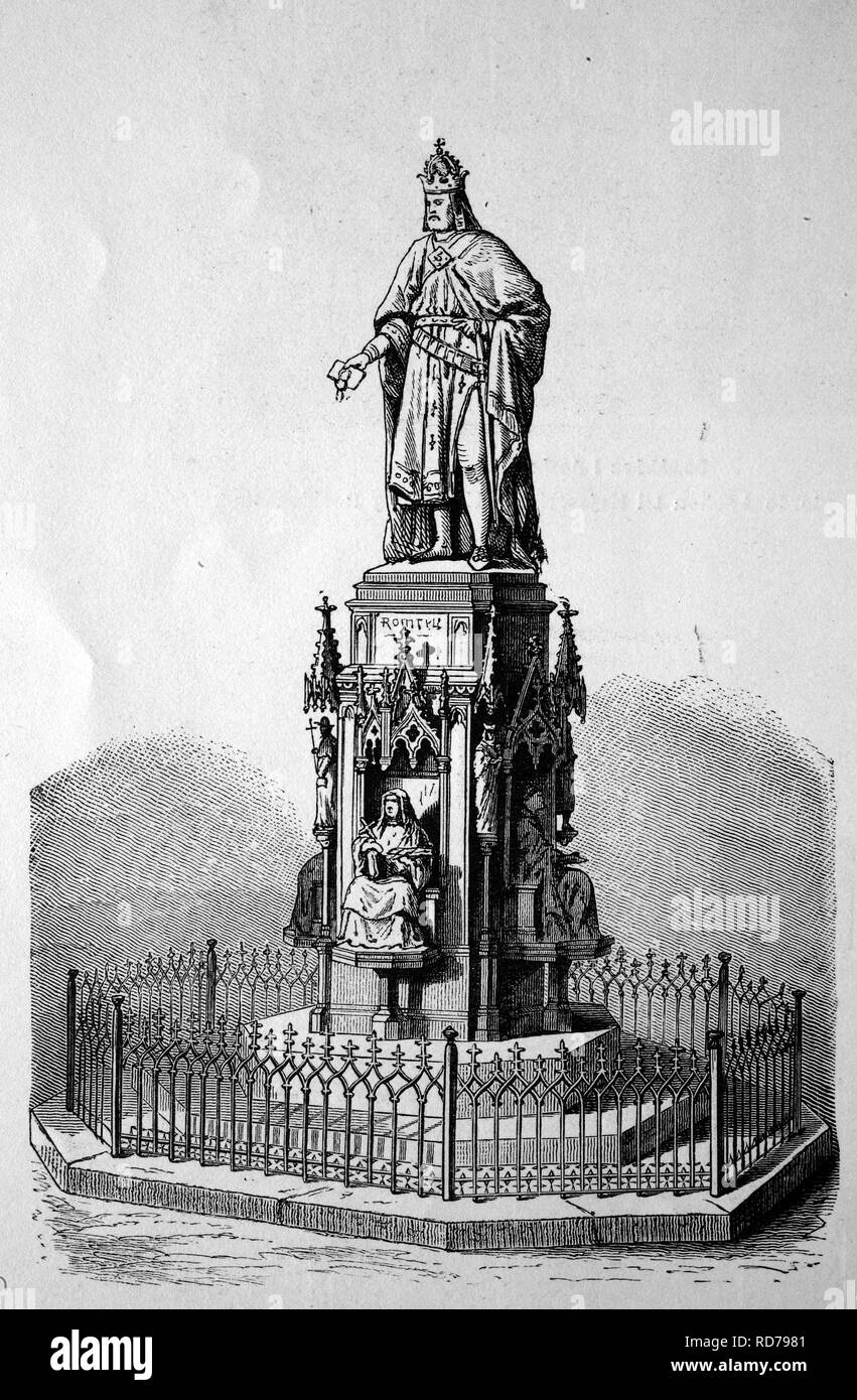 Statue von Charles IV in Prag, Tschechische Republik, historische Holzschnitt, 1870 Stockfoto