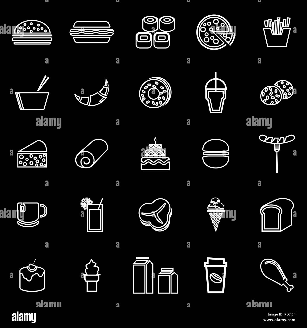 Beliebte speisen Zeile für Symbole auf schwarzem Hintergrund, Vektor Stock Vektor