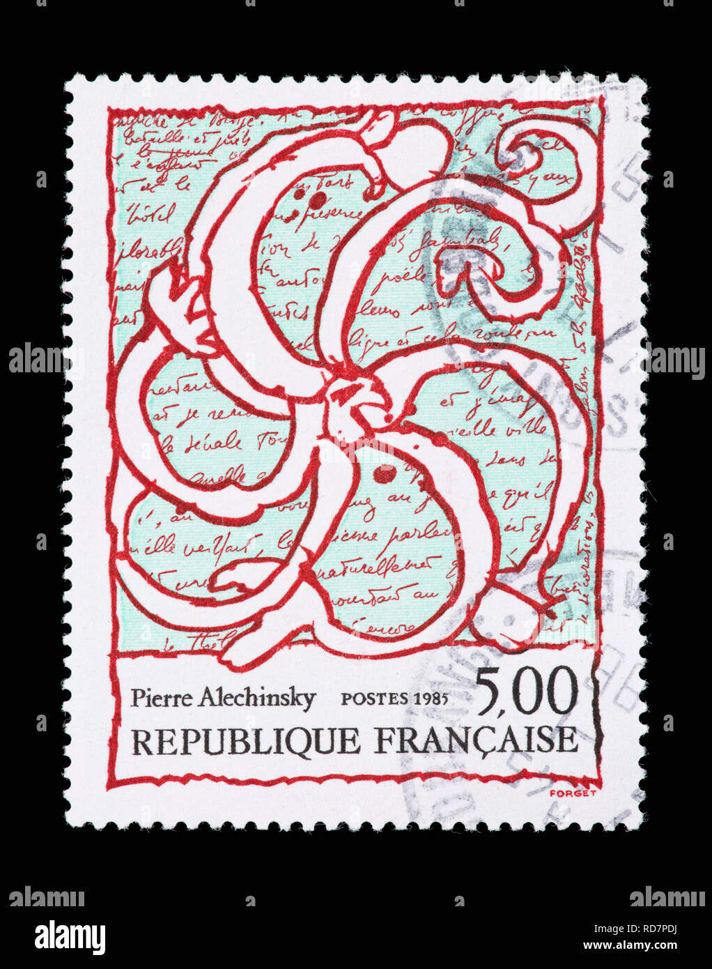 Briefmarke aus Frankreich mit der Darstellung der Pierre Alechinsky artwork Octopus überlagert in Manuskript. Stockfoto