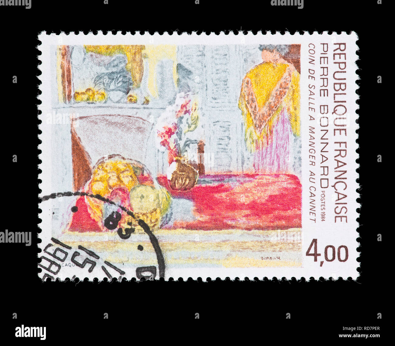 Briefmarke aus Frankreich, Pierre Bonnard Malerei Esszimmer Ecke, Cannet. Stockfoto