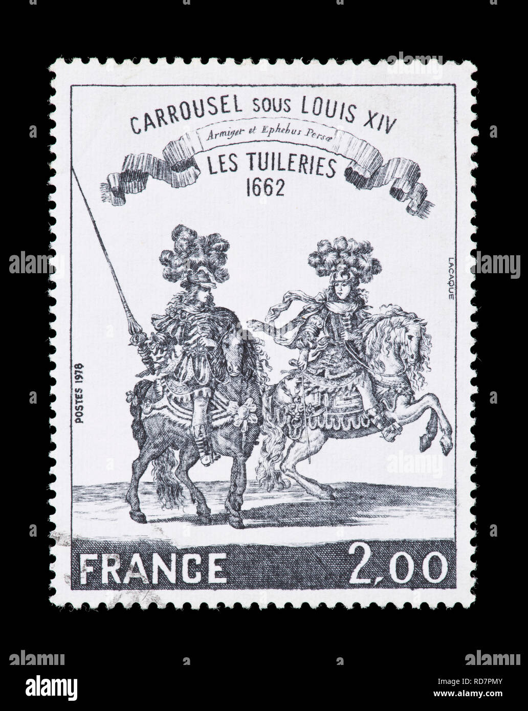 Briefmarke aus Frankreich, das für ein Turnier, das Ätzen von 1662 Stockfoto
