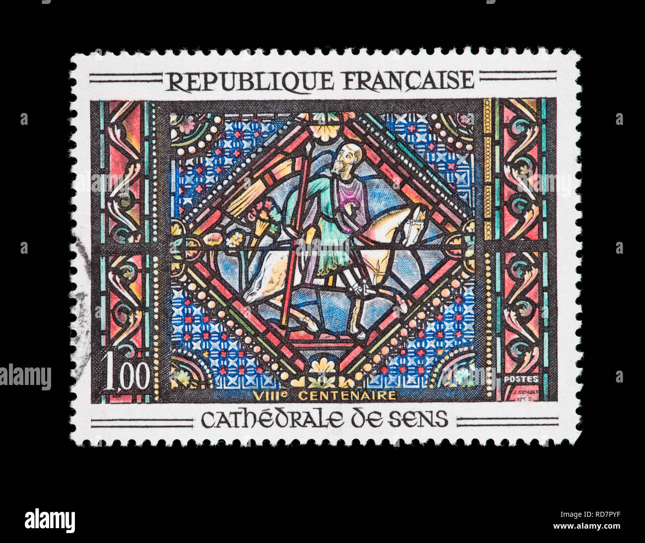 Briefmarke aus Frankreich mit der Darstellung eines St. Paulus auf der Straße nach Damaskus, Fenster, der Kathedrale von Sens. Stockfoto