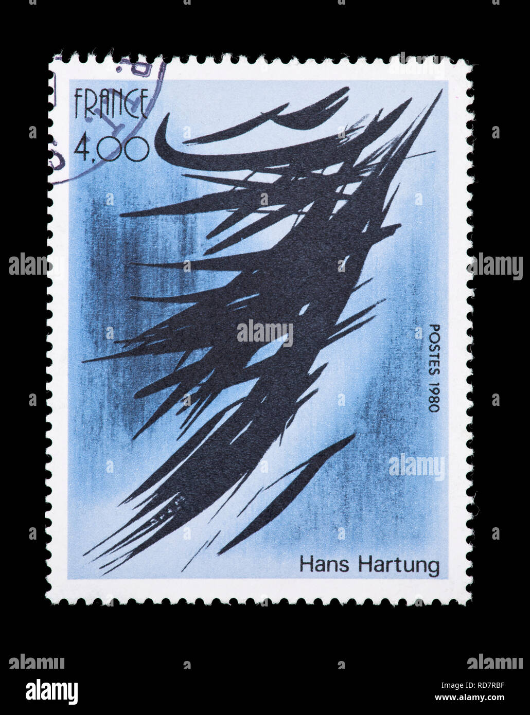 Briefmarke aus Frankreich mit der Darstellung der Hans Hartung Malerei 'Abstrakten' Stockfoto