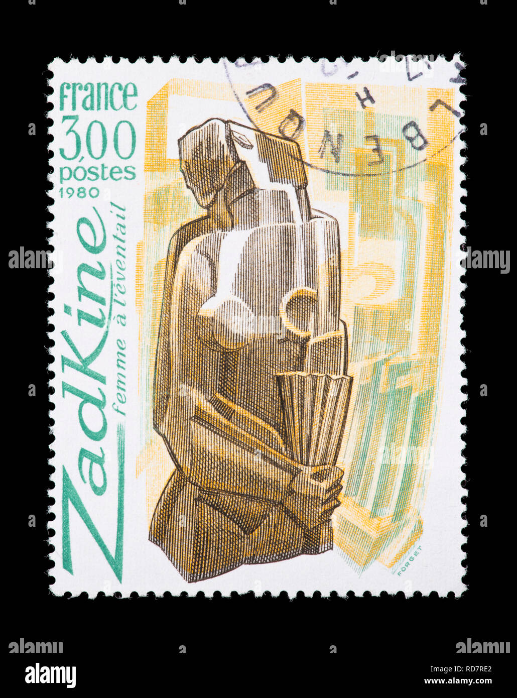 Briefmarke aus Frankreich mit der Darstellung der Ossip Zadkine Kunst' Frau hält das Gebläse' Stockfoto