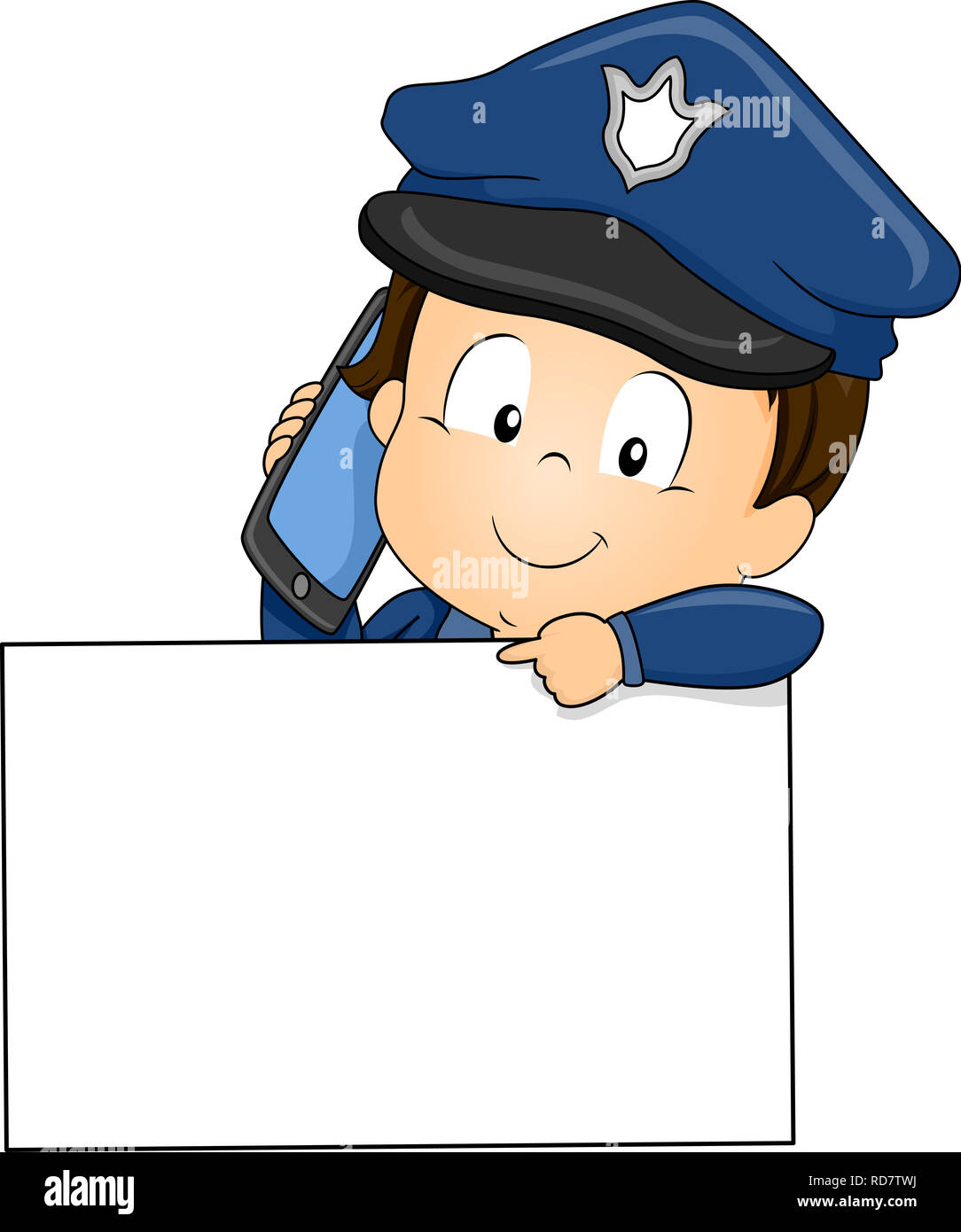 Abbildung: ein Kind Junge Kleinkind tragen Polizei hat auf seinem Handy und zeigte auf ein leeres weißes Board Stockfoto