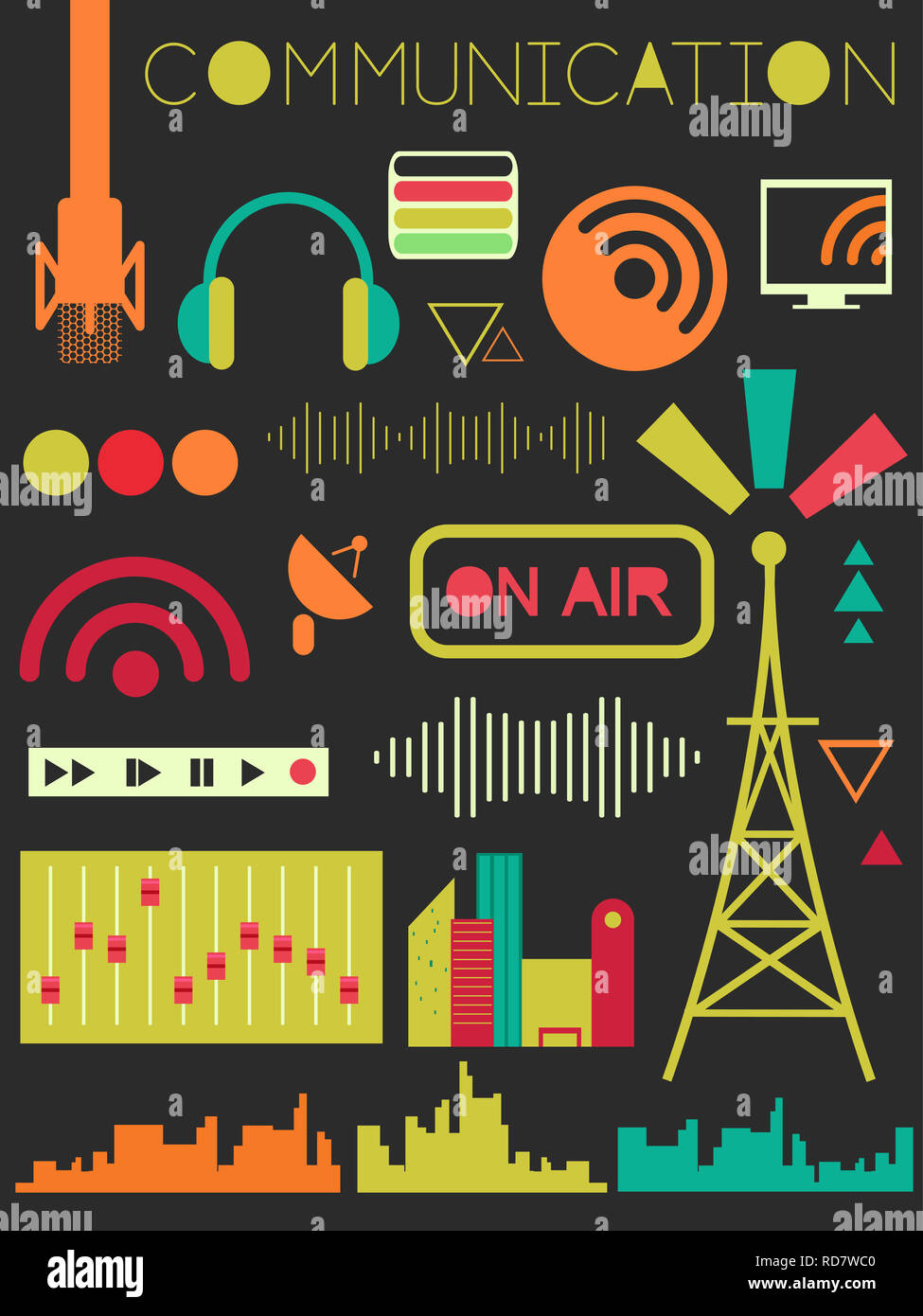 Abbildung der Rundfunkmitteilung Elemente aus Turm, Signal, Schallwellen zu Mikrofon Stockfoto