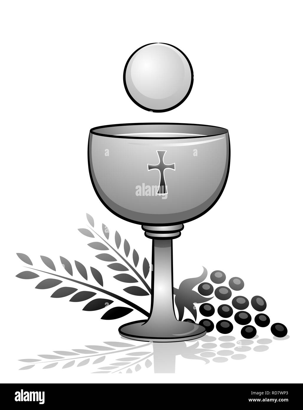 Abbildung: die Eucharistie mit Kelch mit Wein und Trauben und Weizen. Die heilige Kommunion Stockfoto