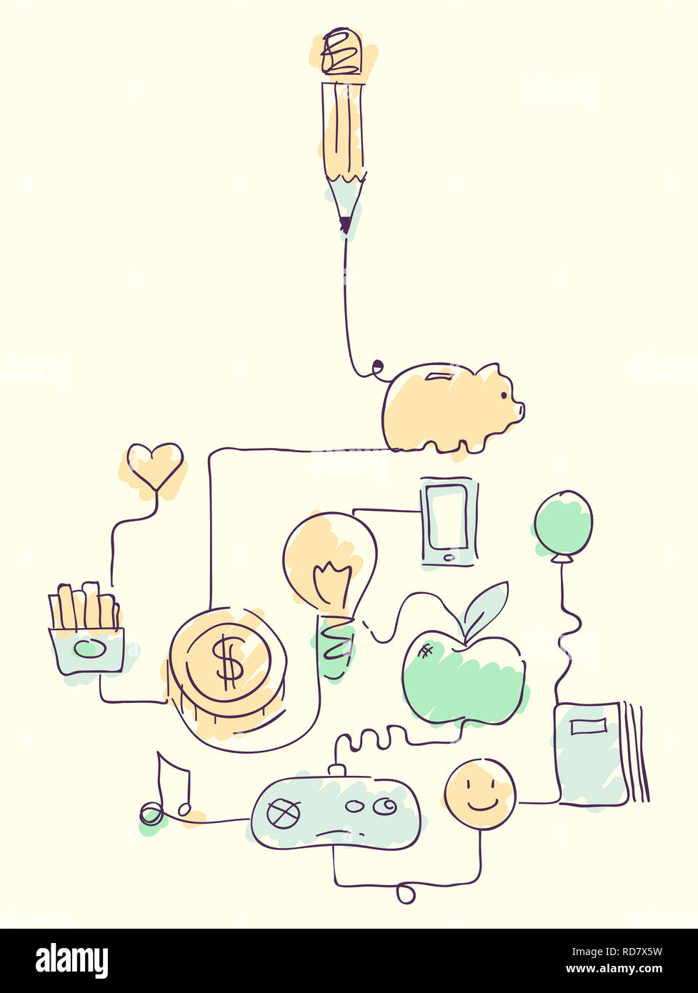 Abbildung: Money Management Doodles von Bildung, Essen, Unterhaltung, Technologie Stockfoto