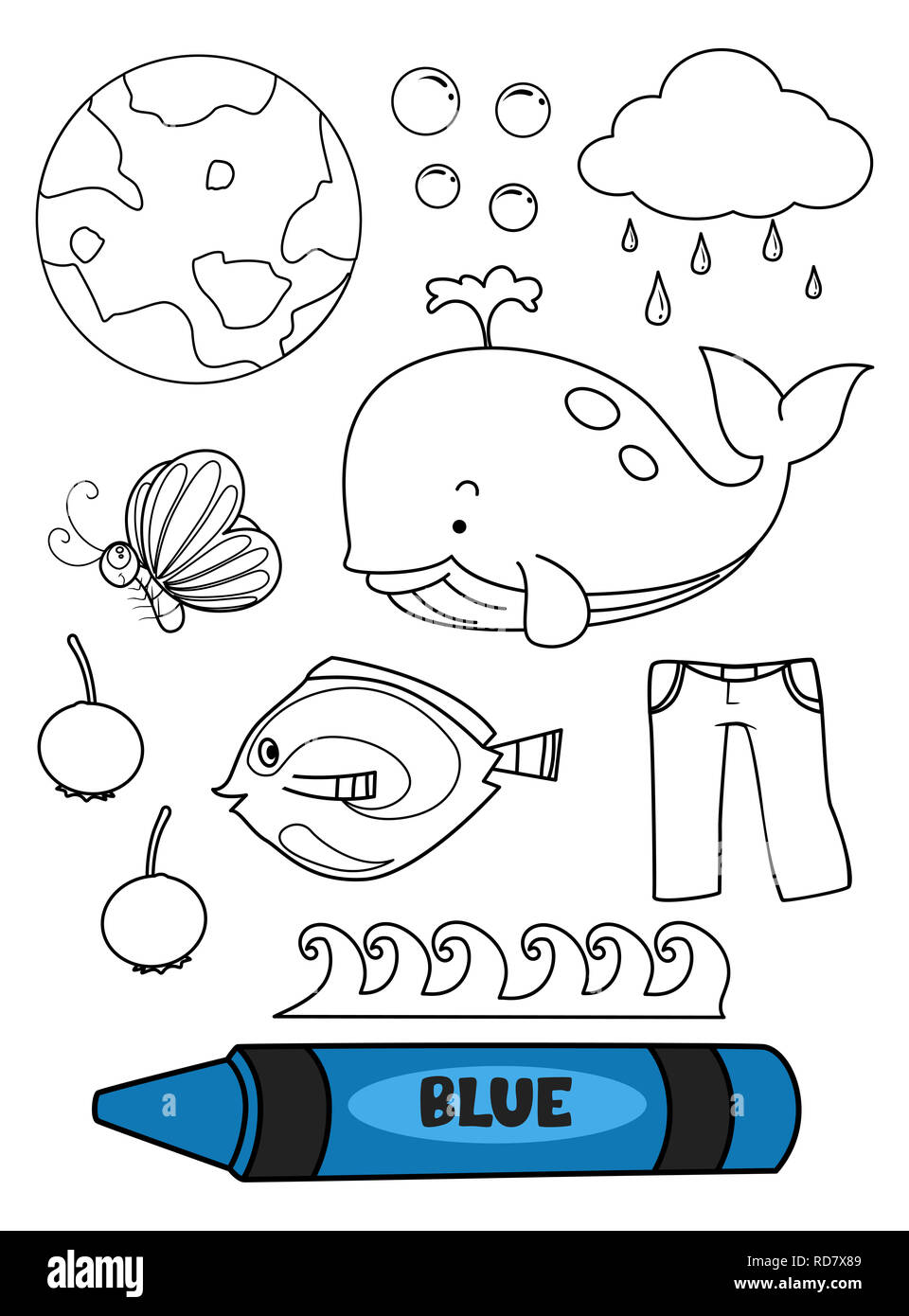Abbildung eines blauen Zeichenstift mit blauen Elemente in einer Färbung Seite Stockfoto