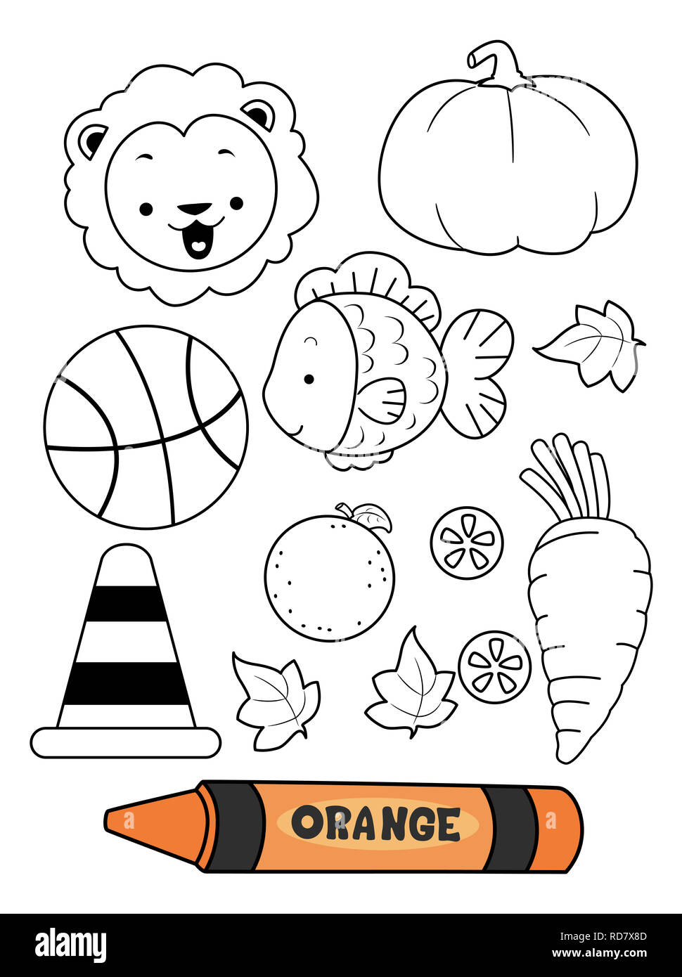 Abbildung: Eine Orange Farbstift mit Orange farbige Elemente in einer Färbung Seite Stockfoto