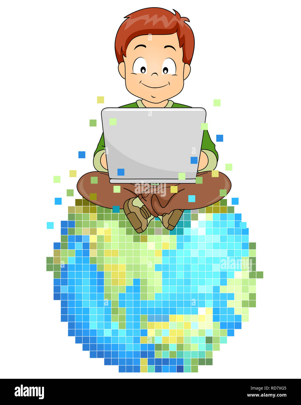 Abbildung: ein Kind Junge mit Laptop Auf der Pixel- oder digitale virtuelle Welt Stockfoto