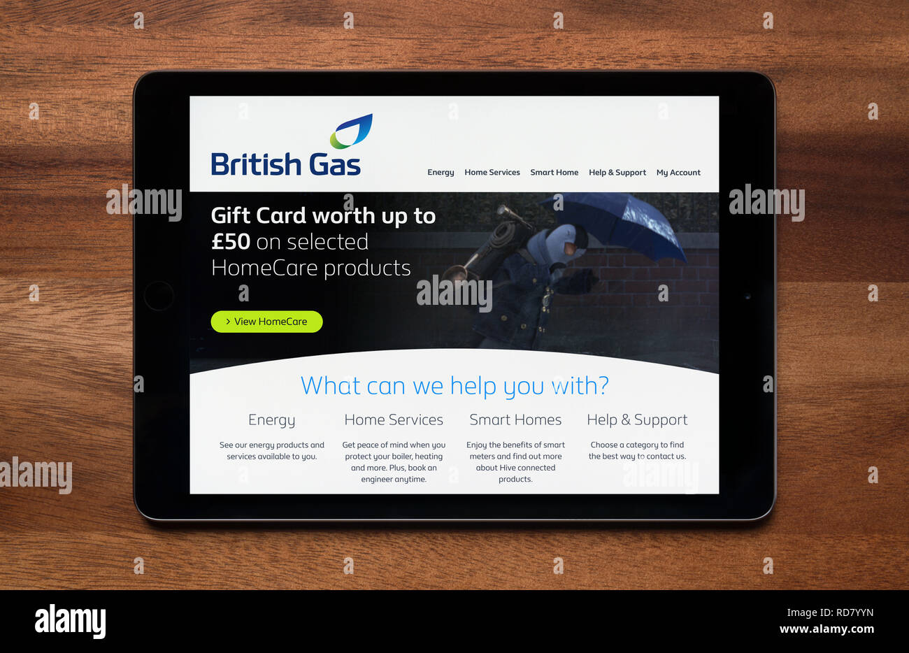 Die Website von British Gas wird gesehen, auf einem iPad Tablet, der ruht auf einem Holztisch (nur redaktionelle Nutzung). Stockfoto