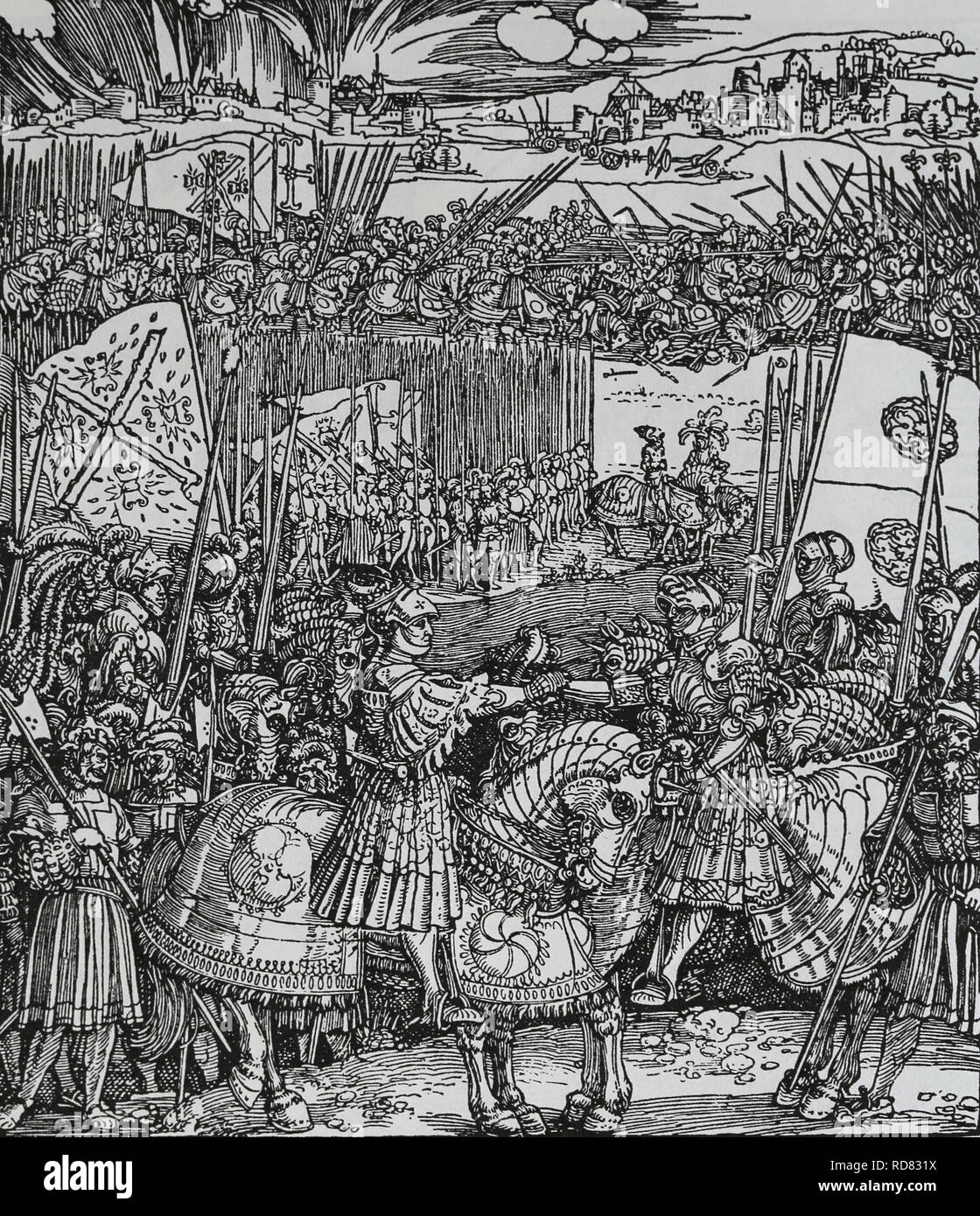 Die Sitzung nach der Schlacht an der Sporne (Heinrich VIII. von England und Kaiser Maximilian I). 1513. Holzschnitt von Albrecht Dürer. Stockfoto