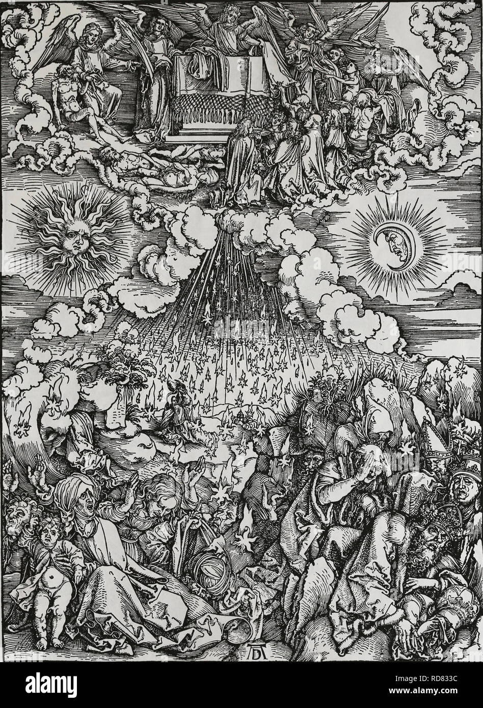 Die Eröffnung der Fünften und Sechsten Dichtungen. Apokalypse. Holzschnitt von Albrecht Dürer. 1498. Stockfoto
