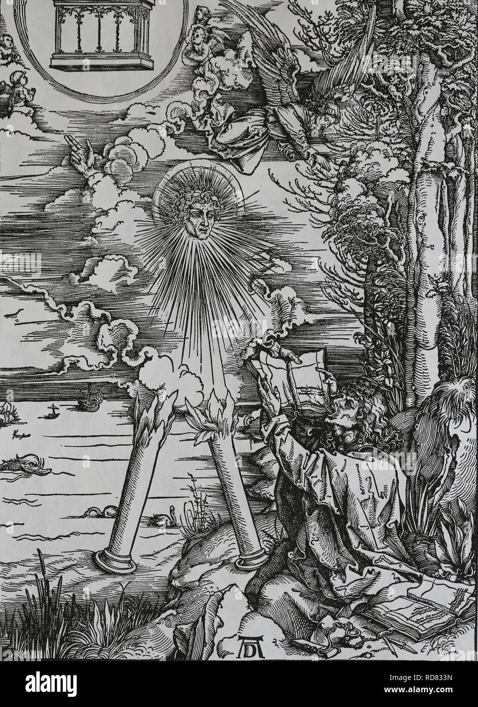 St. John essen das Buch. Apokalypse. Holzschnitt von Albrecht Dürer. 1498. Stockfoto