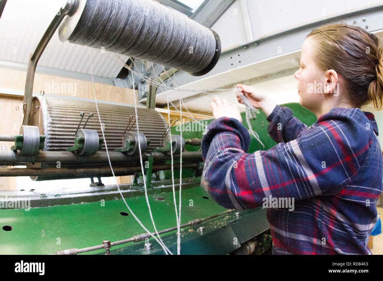 Hoch qualifizierte schwedische Frau mit restaurierten Wolle und Textilmaschinen aus dem 19. Jahrhundert eine Produktionslinie von nachhaltig produzierten Wolle und Textilwaren. Stockfoto