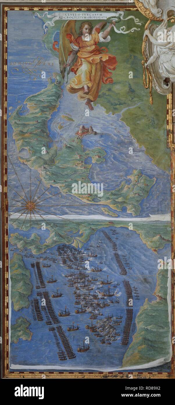 Insel Korfu und der Schlacht von Lepanto. Museum: Galleria delle Carte Geografiche, Vaticano. Autor: DANTI, EGNAZIO. Stockfoto
