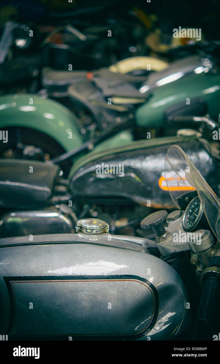 Sammlung von Oldtimer Motorrädern an der Llangollen Motor Museum in Wales Stockfoto