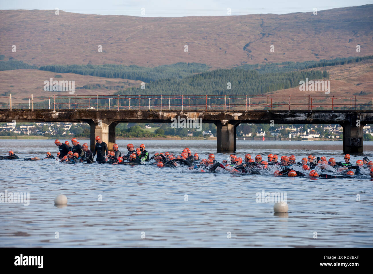 Schwimmer sind Sie bereit, die Ben Nevis Triathlon auf Loch Linnhe Fort William zu starten Stockfoto