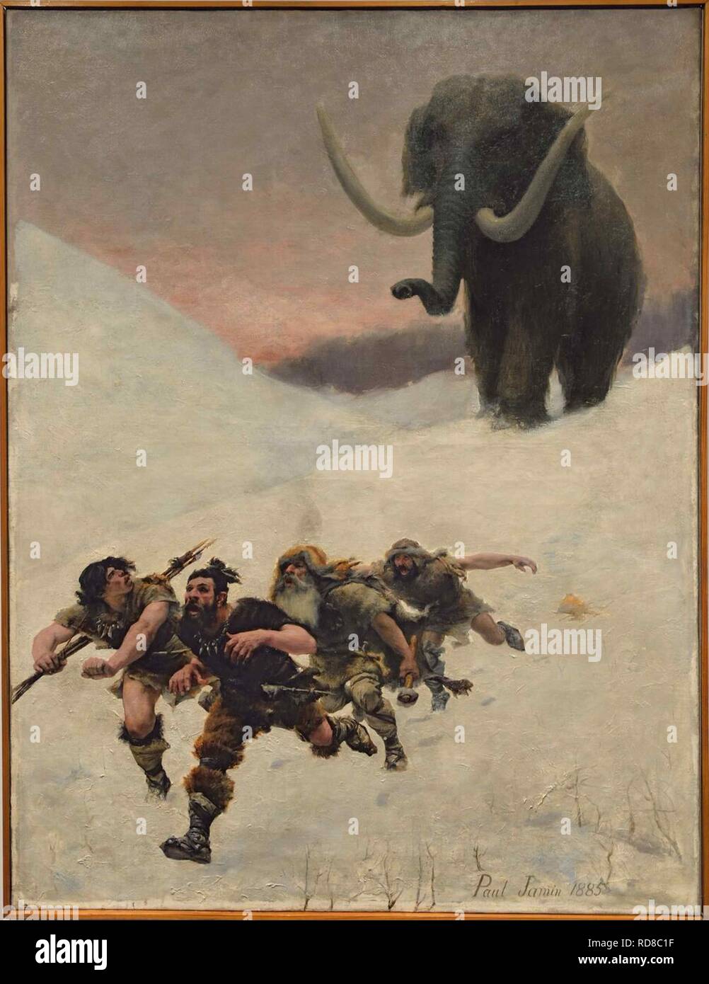 Die Flucht vor dem Mammut. Museum: Musée de l'Homme, Paris. Autor: JAMIN, Paul Joseph. Stockfoto