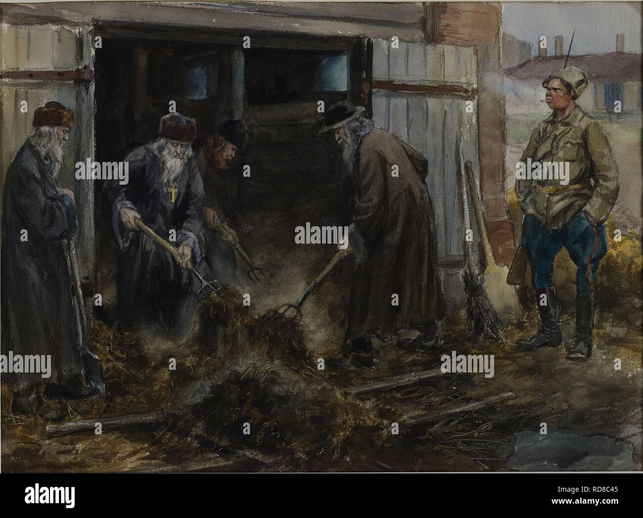 Eine Gruppe russischer Priester gezwungen, die Baracke Ställe zu löschen. Museum: private Sammlung. Autor: Vladimirov, Ivan Alexeyevich. Stockfoto