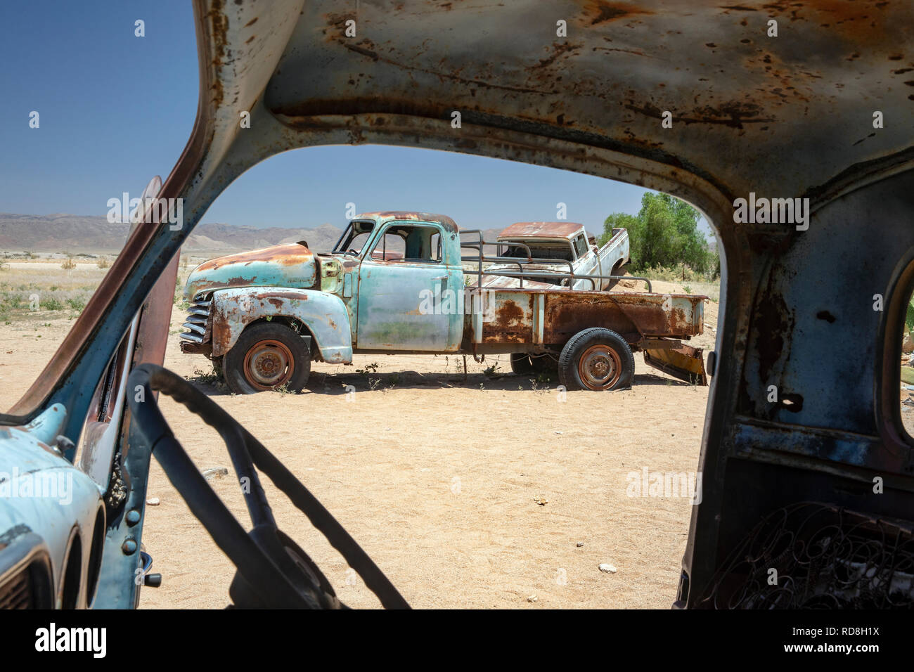 Verlassenes Fahrzeug in Solitaire, Khomas Region, Namibia, Afrika Stockfoto