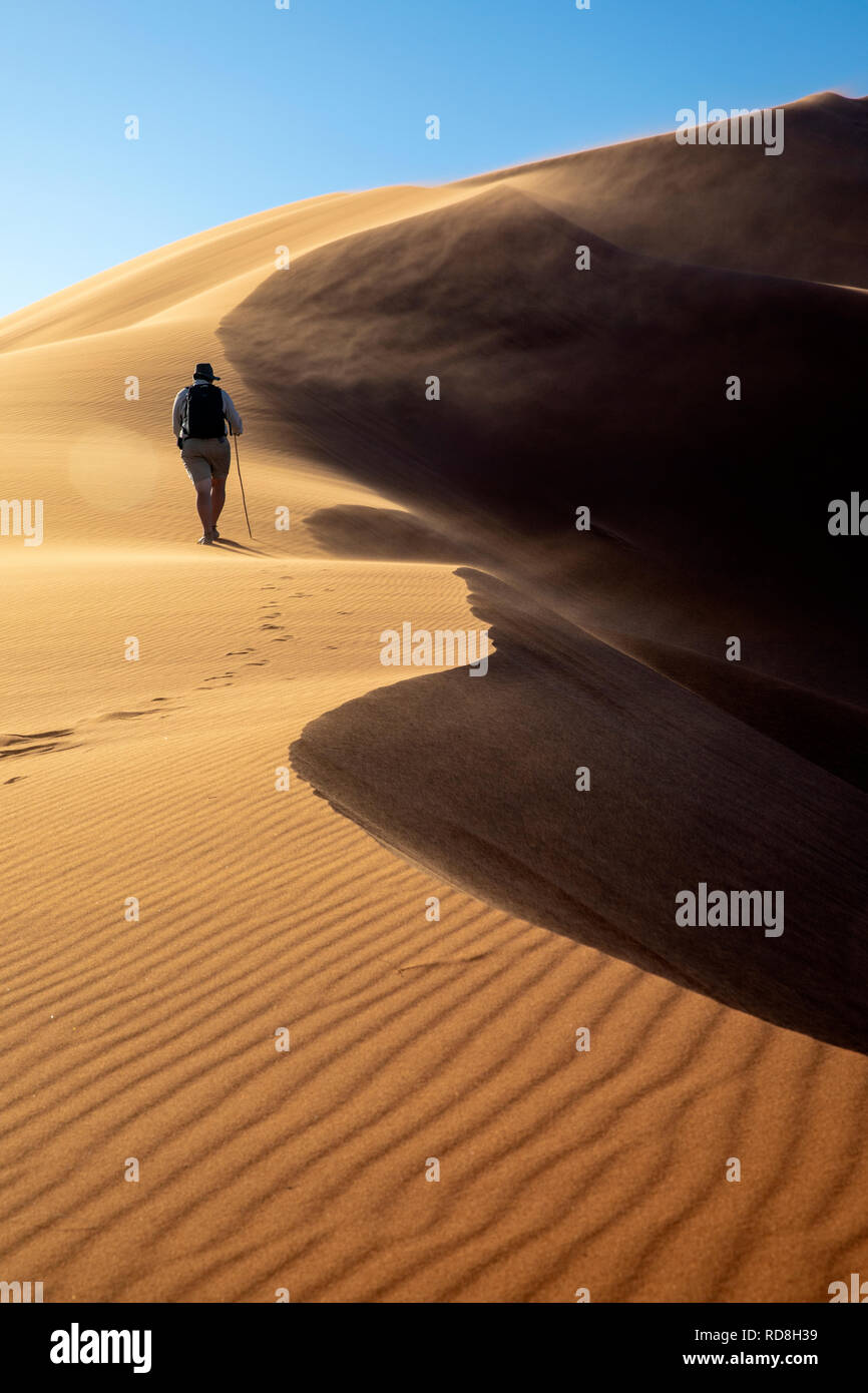 Mann wandern Elim Düne im Namib-Naukluft-Nationalpark, Namibia, Afrika Stockfoto