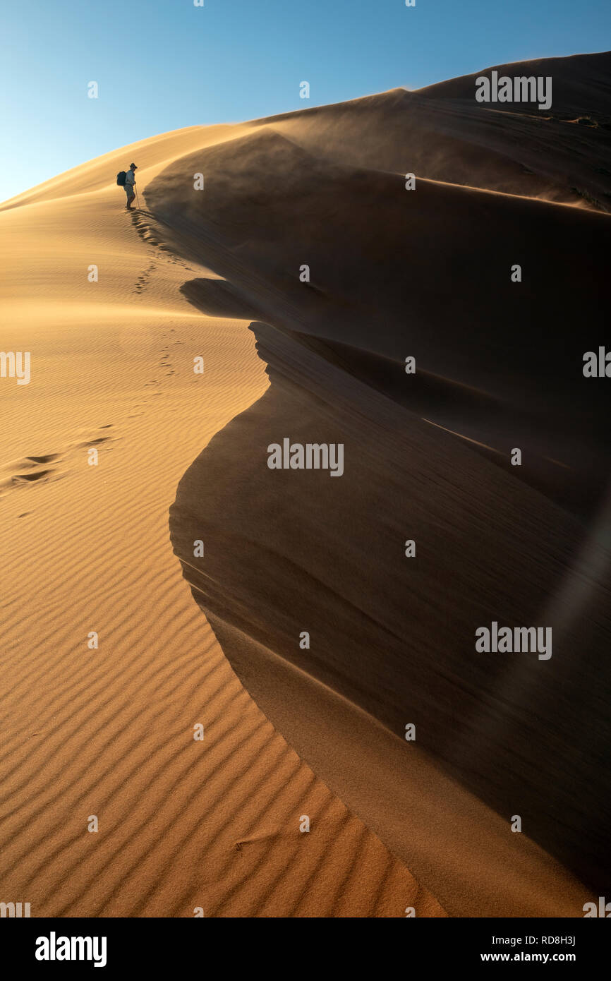 Mann wandern Elim Düne im Namib-Naukluft-Nationalpark, Namibia, Afrika Stockfoto