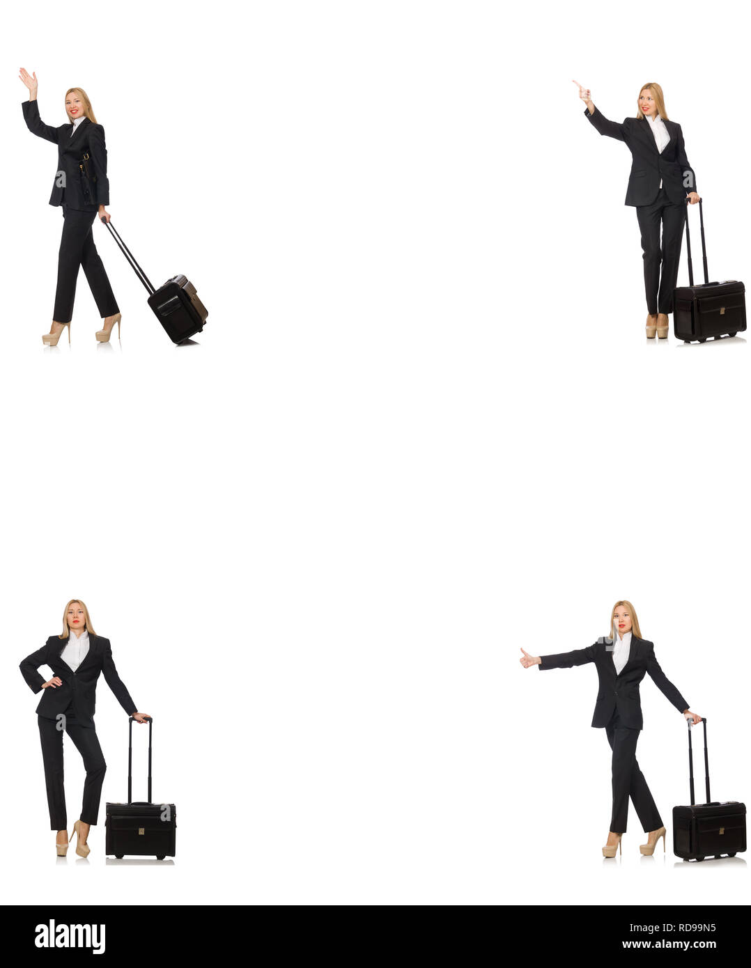 Geschäftsfrau mit Koffer isoliert auf weißem Stockfoto