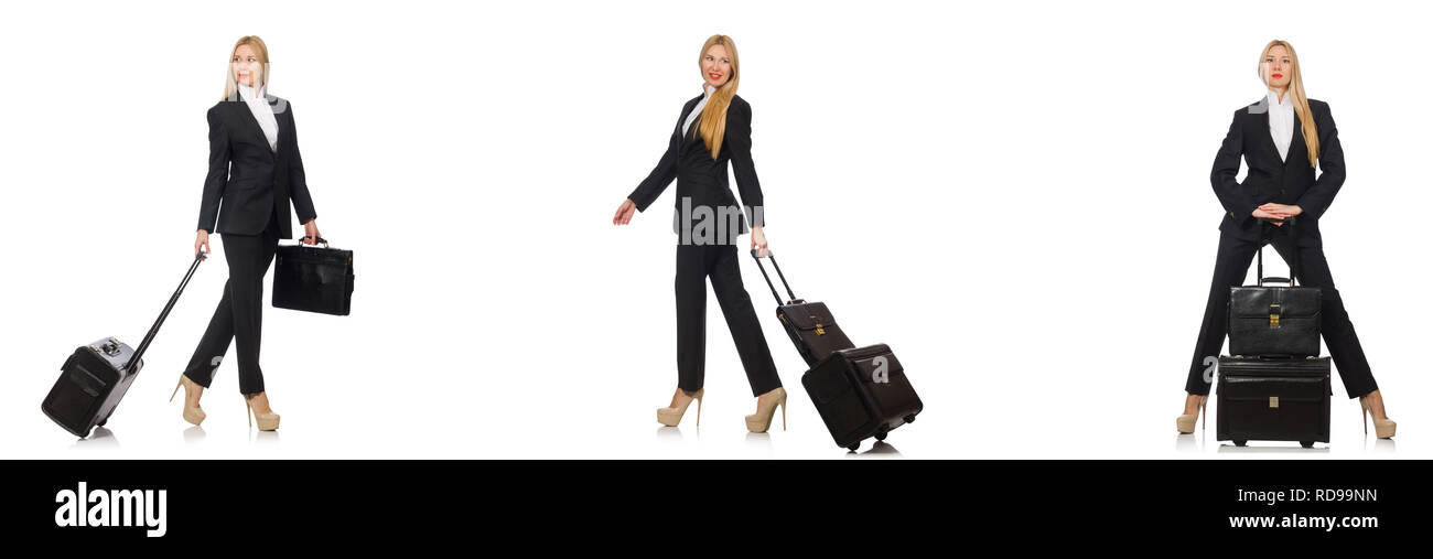 Geschäftsfrau mit Koffer isoliert auf weißem Stockfoto