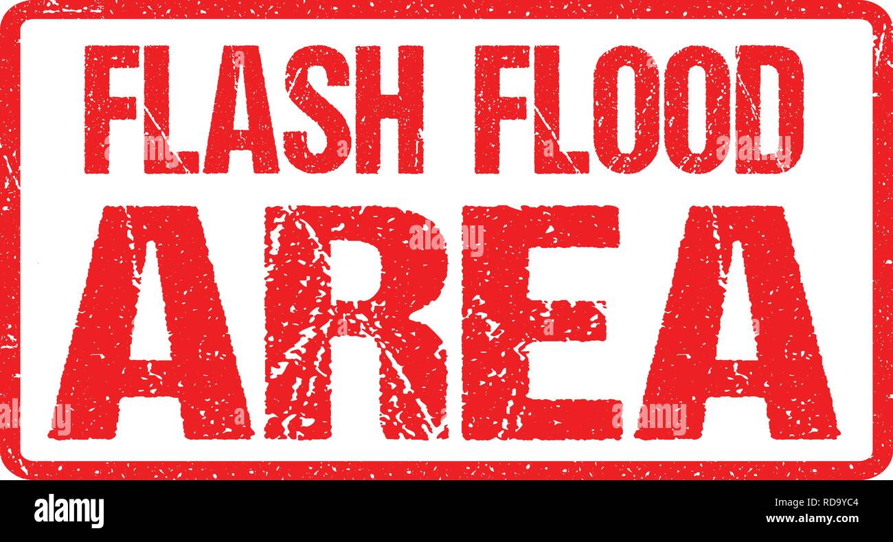 Flutartige Überschwemmung Bereich Zeichen rote Fahne, Hochwasserwarnung mit Distressed Grunge Gummi Textur. Stock Vektor