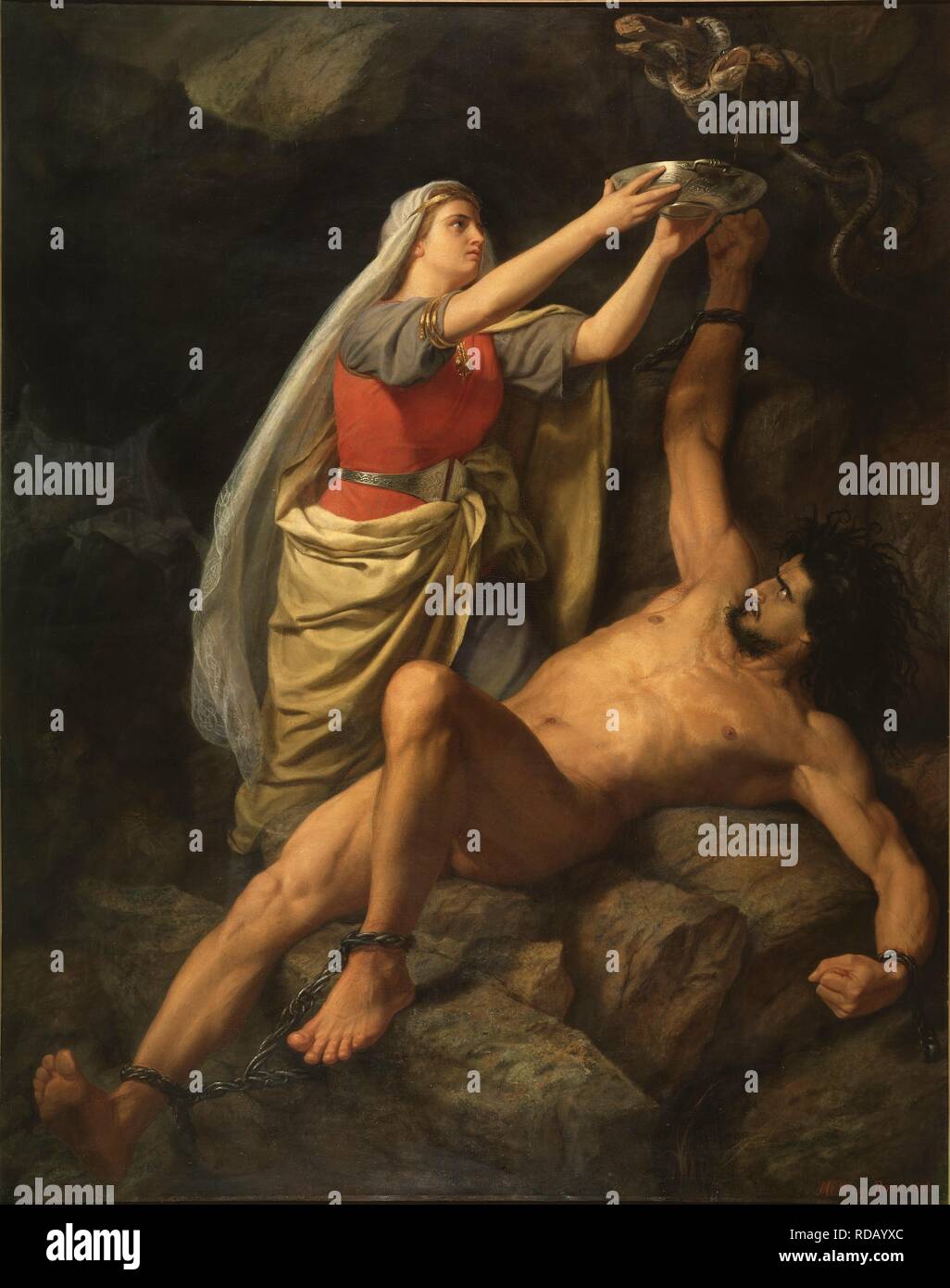 Loki und Sigyn. Museum: Nationalmuseum Stockholm. Autor: Winge, Marten Eskil. Stockfoto