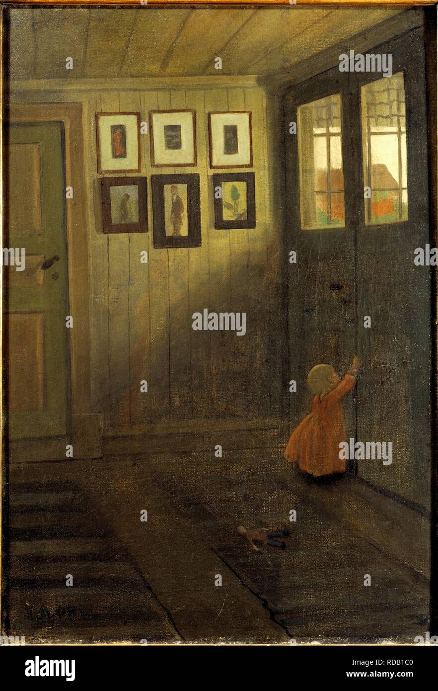 Das Mädchen an der Tür. Innenraum der Startseite des Künstlers, Älvängen. Museum: Nationalmuseum Stockholm. Autor: Arosenius, Ivar. Stockfoto