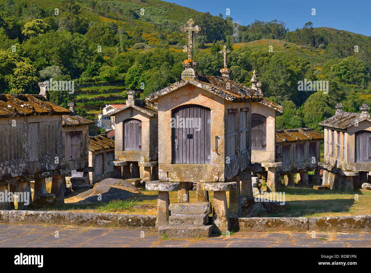 Traditionelle Granit Mais lagern im Norden Portugals Stockfoto
