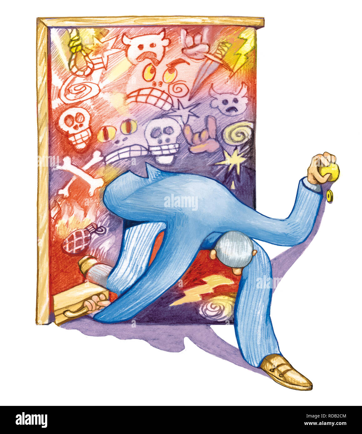 Mann erneut Kriechen nach dem Tag der Arbeit, aus der Tür tobt das Chaos Stockfoto