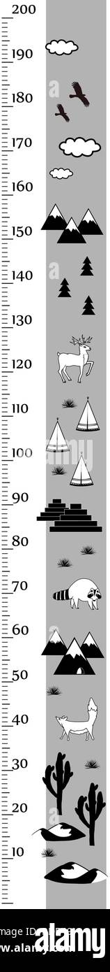 Kinder Höhe chart in minimalistischen skandinavischen Stil. Meter Wand oder Höhe Meter, Zentimeter Skala. Schwarze und weiße Vector Illustration. Stock Vektor