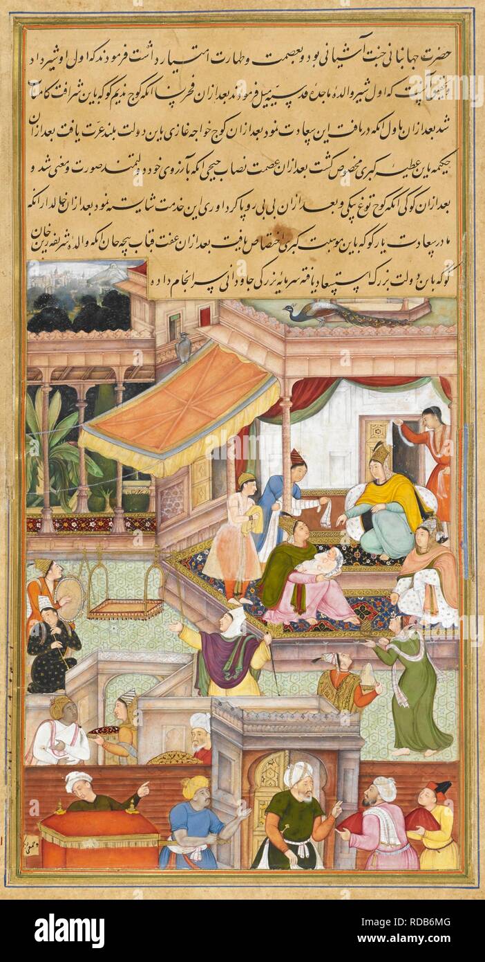 Der säugling Akbar in der Pflege seiner Krankenschwestern von seiner Mutter Maryam Makani platziert. Durch Sanwlah. Akbarnama, Bd.1, die von Abu '1-Fazl ibn Mubarak, von den Anfängen der Dynastie bis zu 1555. Indien, 1603-1604. Quelle: Oder. 8873, 20 v. Sprache: Persisch. Autor: SANWLAH. Abu 'l-Fazl ibn Mubarak. Stockfoto